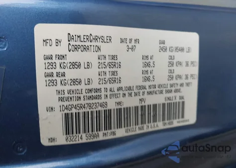 2007 Dodge Caravan Sxt z USA, uszkodzony, nr VIN 1D4GP45R47B237469